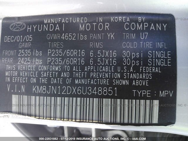 KM8JN12DX6U348851 - 2006 HYUNDAI TUCSON GLS/LIMITED SILVER photo 9