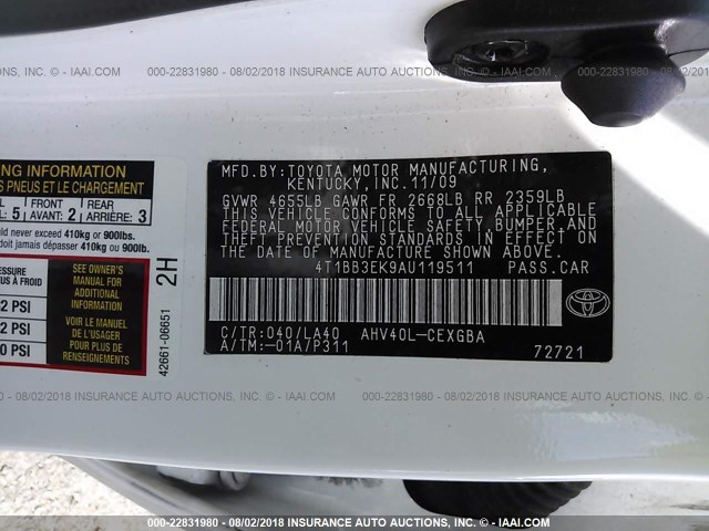 4T1BB3EK9AU119511 - 2010 TOYOTA CAMRY HYBRID WHITE photo 9