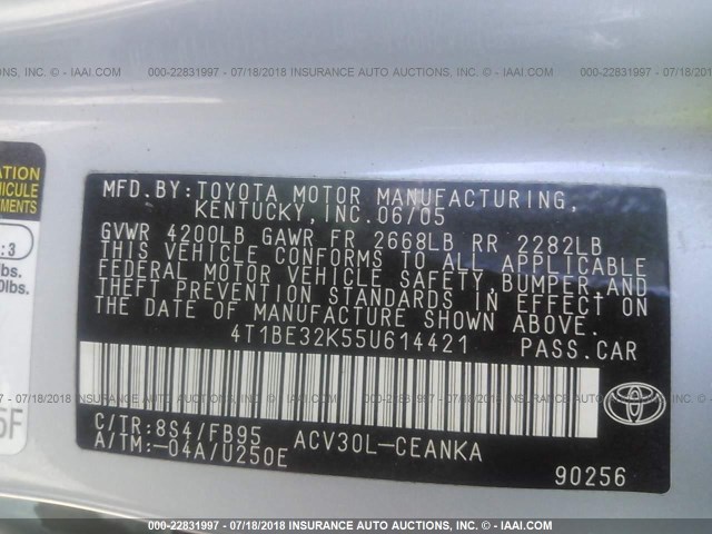 4T1BE32K55U614421 - 2005 TOYOTA CAMRY LE/XLE/SE Açıq mavi foto 9