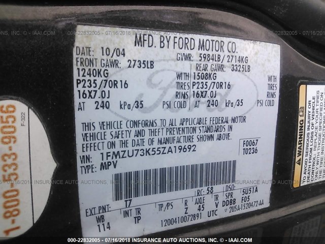 1FMZU73K55ZA19692 - 2005 FORD EXPLORER XLT/XLT SPORT/NBX 灰色 照片 9