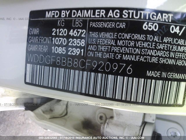 WDDGF8BB8CF920976 - 2012 MERCEDES-BENZ C 300 4MATIC WHITE photo 9