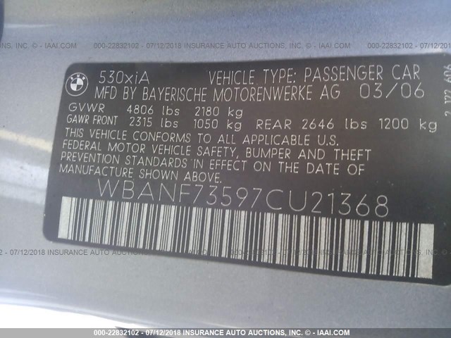 WBANF73597CU21368 - 2007 BMW 530 XI GRAY photo 9