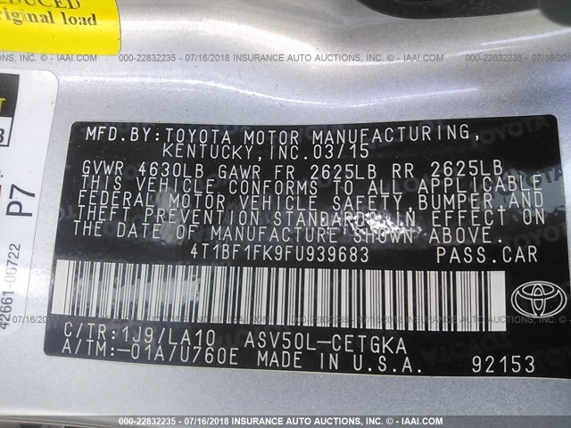 4T1BF1FK9FU939683 - 2015 TOYOTA CAMRY LE/XLE/SE/XSE SILVER photo 9