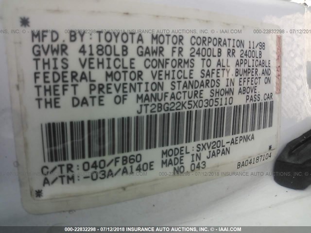 JT2BG22K5X0305110 - 1999 TOYOTA CAMRY LE/XLE WHITE photo 9