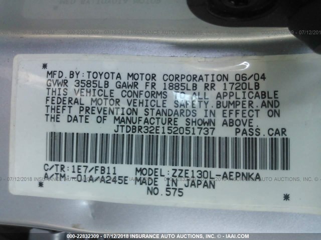 JTDBR32E152051737 - 2005 TOYOTA COROLLA CE/LE SILVER photo 9