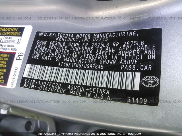 4T1BF1FK5FU997645 - 2015 TOYOTA CAMRY LE/XLE/SE/XSE 银色 照片 9