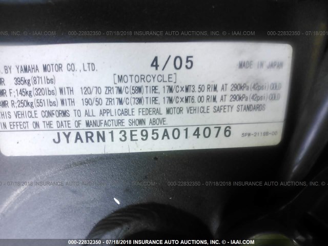 JYARN13E95A014076 - 2005 YAMAHA YZFR1 BLUE photo 10