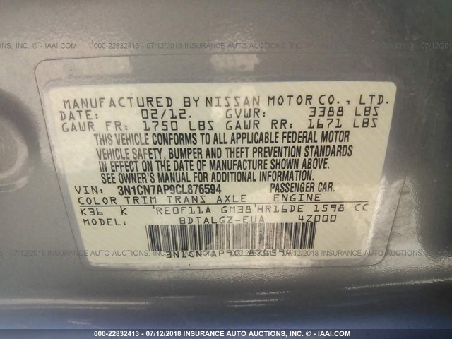 3N1CN7AP9CL876594 - 2012 NISSAN VERSA S/SV/SL GRAY photo 9