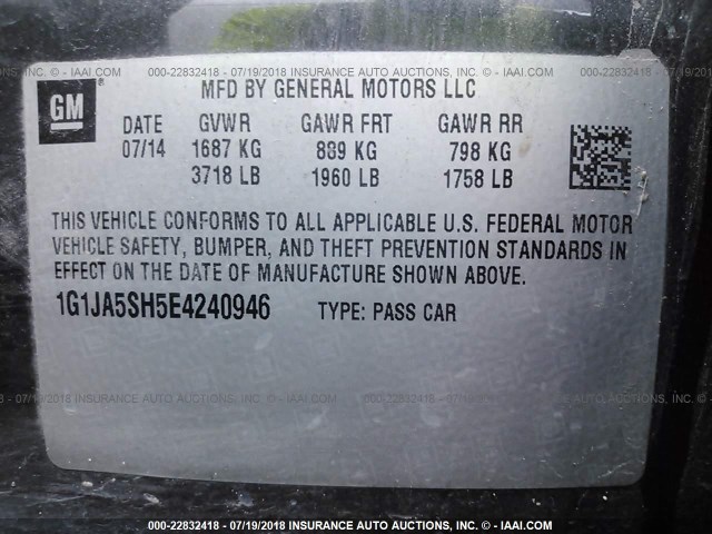 1G1JA5SH5E4240946 - 2014 CHEVROLET SONIC LS 灰色 照片 9