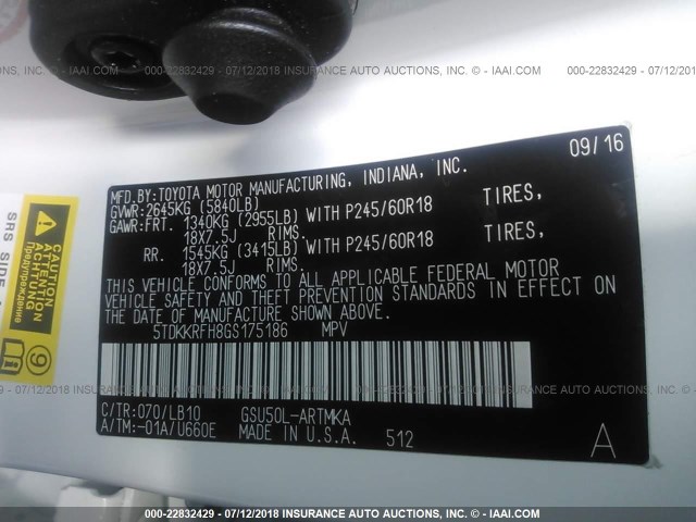 5TDKKRFH8GS175186 - 2016 TOYOTA HIGHLANDER XLE თეთრი ფოტო 9