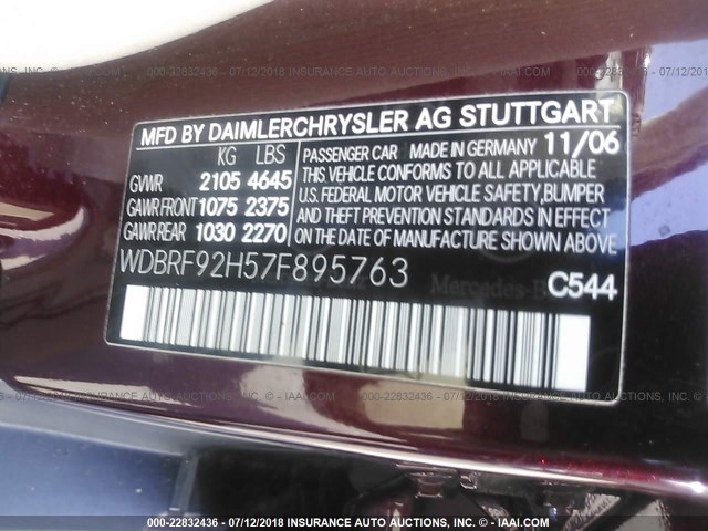 WDBRF92H57F895763 - 2007 MERCEDES-BENZ C 280 4MATIC MAROON photo 9