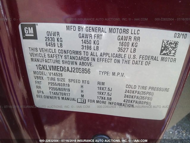 1GKLVMED6AJ205856 - 2010 GMC ACADIA SLT-1 Kasztanowy zdjęcie 9