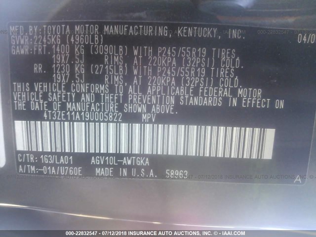 4T3ZE11A19U005822 - 2009 TOYOTA VENZA GRAY photo 9