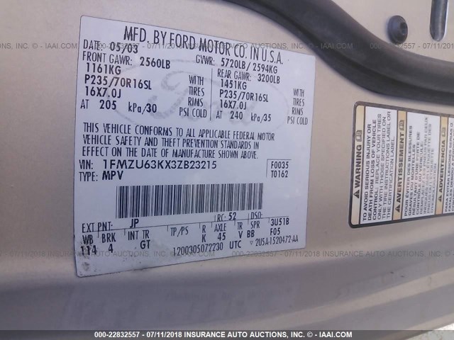 1FMZU63KX3ZB23215 - 2003 FORD EXPLORER XLT/XLT SPORT/NBX 灰色 照片 9