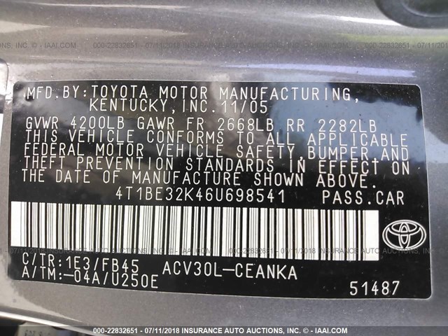 4T1BE32K46U698541 - 2006 TOYOTA CAMRY LE/XLE/SE 灰色 照片 9