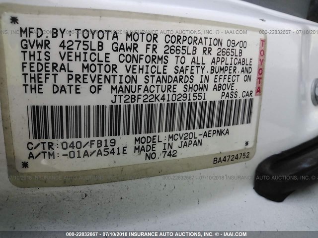 JT2BF22K410291551 - 2001 TOYOTA CAMRY CE/LE/XLE 白色 照片 9