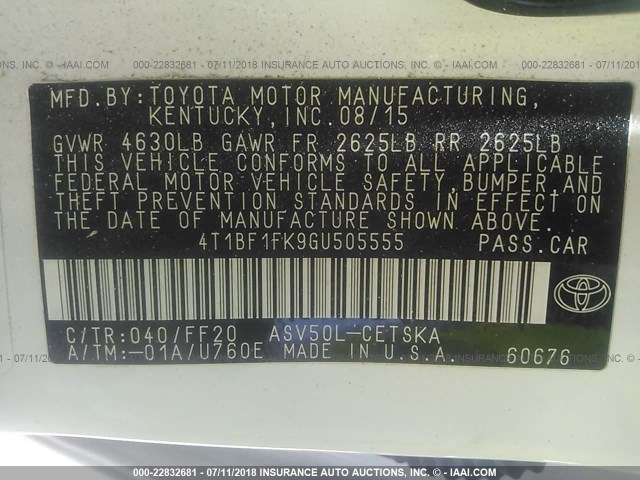 4T1BF1FK9GU505555 - 2016 TOYOTA CAMRY LE/XLE/SE/XSE WHITE photo 9