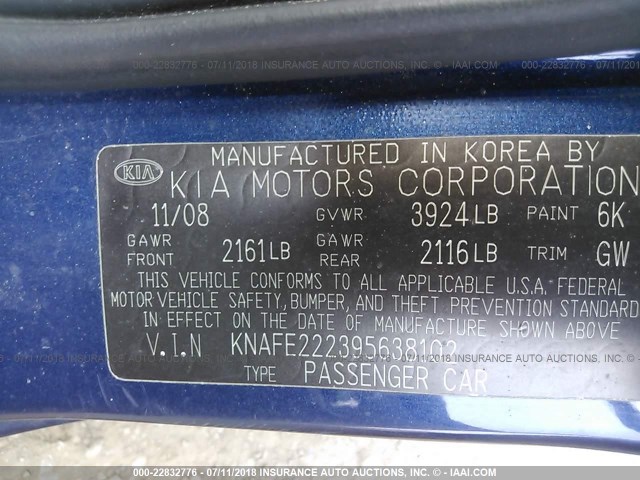 KNAFE222395638102 - 2009 KIA SPECTRA EX/LX/SX BLUE photo 9