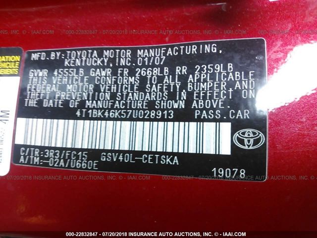 4T1BK46K57U028913 - 2007 TOYOTA CAMRY NEW GENERAT LE/XLE/SE RED photo 9