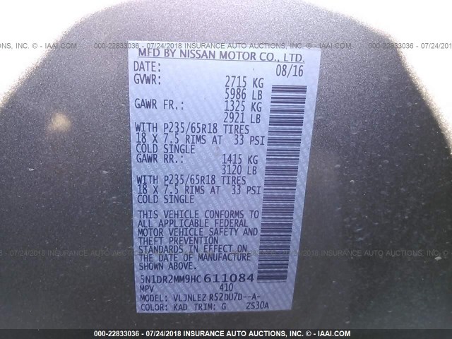 5N1DR2MM9HC611084 - 2017 NISSAN PATHFINDER S/SV/SL/PLATINUM GRAY photo 9