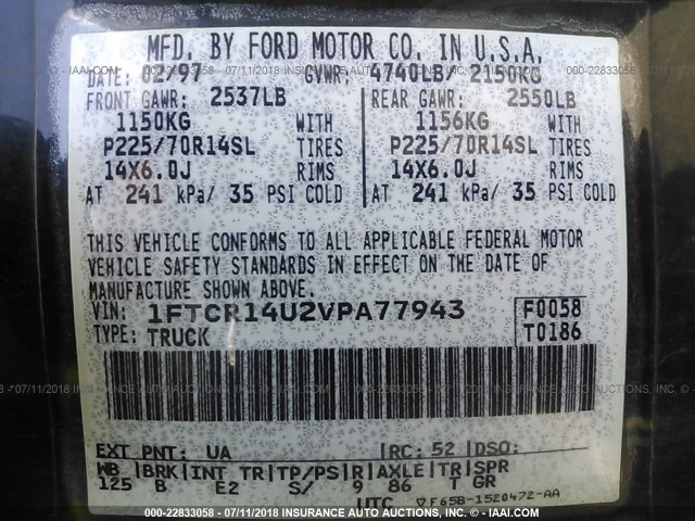 1FTCR14U2VPA77943 - 1997 FORD RANGER SUPER CAB BLACK photo 9