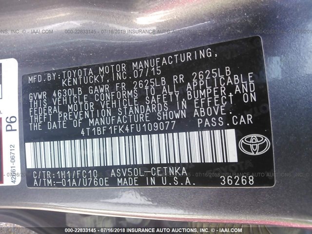 4T1BF1FK4FU109077 - 2015 TOYOTA CAMRY LE/XLE/SE/XSE GRAY photo 9