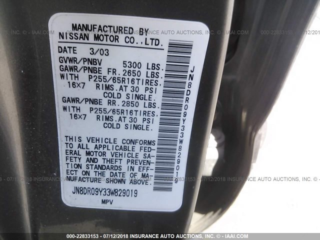 JN8DR09Y33W829019 - 2003 NISSAN PATHFINDER LE/SE GRAY photo 9