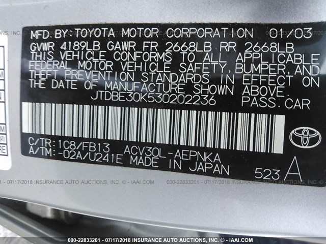 JTDBE30K530202236 - 2003 TOYOTA CAMRY LE/XLE SILVER photo 9