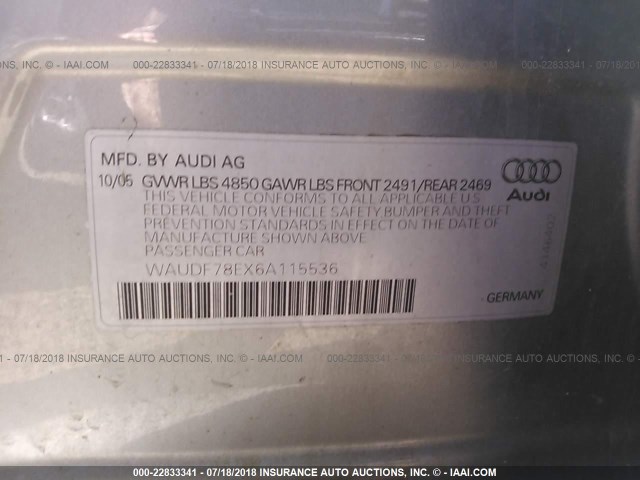 WAUDF78EX6A115536 - 2006 AUDI A4 2.0T QUATTRO SILVER photo 9