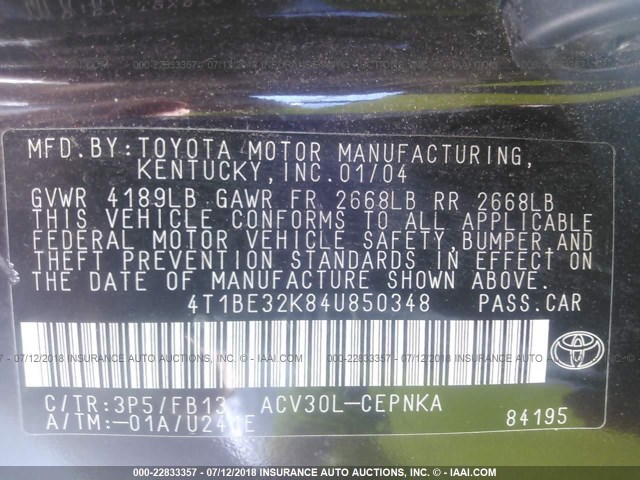 4T1BE32K84U850348 - 2004 TOYOTA CAMRY LE/XLE/SE 黑色 照片 9