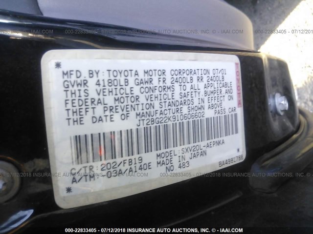 JT2BG22K910606602 - 2001 TOYOTA CAMRY CE/LE/XLE შავი ფოტო 9