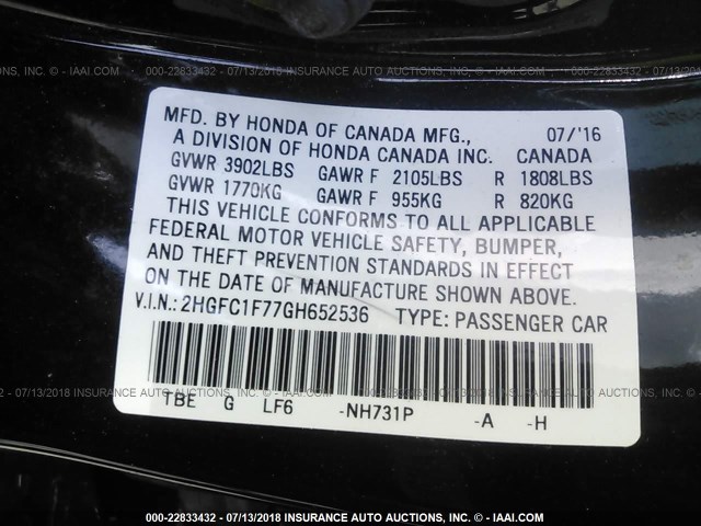 2HGFC1F77GH652536 - 2016 HONDA CIVIC EXL 黑色 照片 9