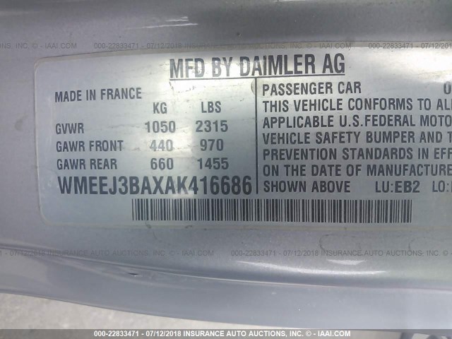 WMEEJ3BAXAK416686 - 2010 SMART FORTWO PURE/PASSION WHITE photo 9