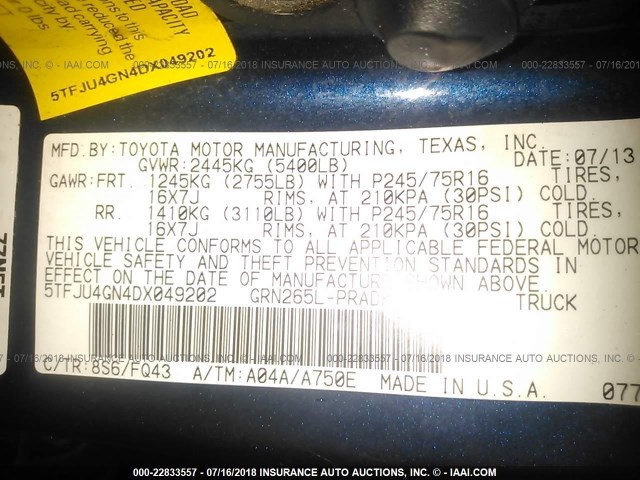 5TFJU4GN4DX049202 - 2013 TOYOTA TACOMA DOUBLE CAB PRERUNNER BLUE photo 9