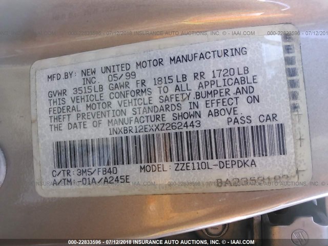 1NXBR12EXXZ262443 - 1999 TOYOTA COROLLA VE/CE/LE 米色 照片 9