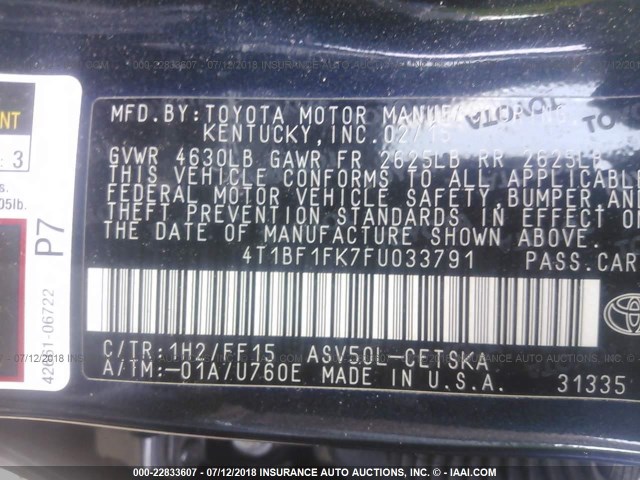 4T1BF1FK7FU033791 - 2015 TOYOTA CAMRY LE/XLE/SE/XSE 蓝色 照片 9