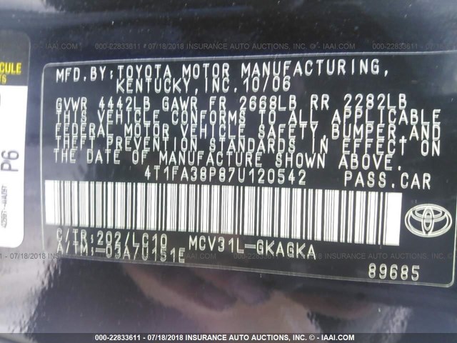 4T1FA38P87U120542 - 2007 TOYOTA CAMRY SOLARA SE/SLE Qara foto 9