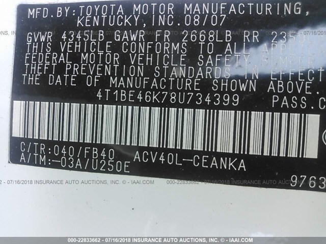4T1BE46K78U734399 - 2008 TOYOTA CAMRY CE/LE/XLE/SE WHITE photo 9