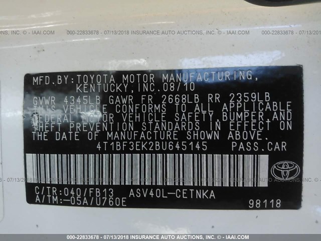 4T1BF3EK2BU645145 - 2011 TOYOTA CAMRY SE/LE/XLE თეთრი ფოტო 9