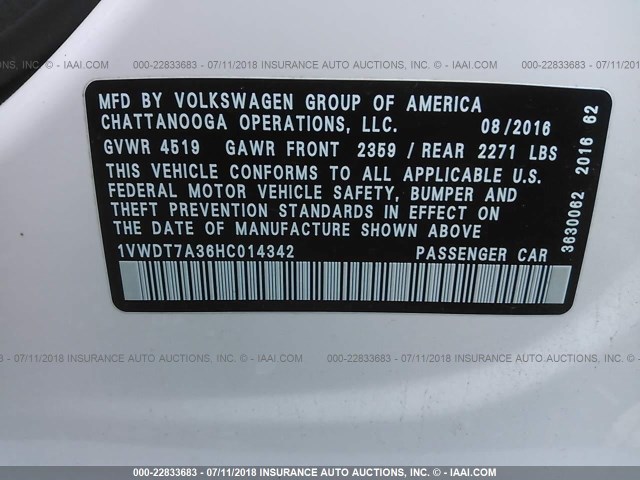 1VWDT7A36HC014342 - 2017 VOLKSWAGEN PASSAT R-LINE Ağ foto 9