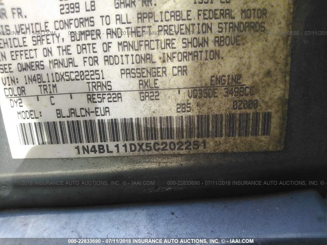 1N4BL11DX5C202251 - 2005 NISSAN ALTIMA SE/SL/SE-R GREEN photo 9