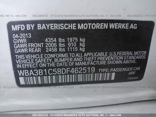 WBA3B1C58DF462519 - 2013 BMW 320 I WHITE photo 9