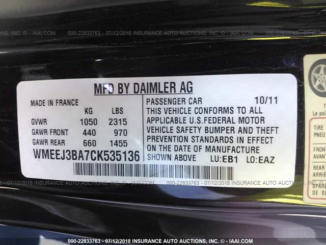 WMEEJ3BA7CK535136 - 2012 SMART FORTWO PURE/PASSION WHITE photo 9