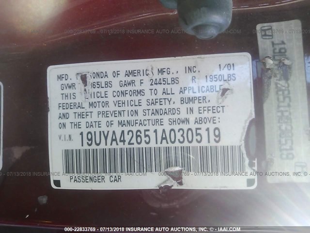 19UYA42651A030519 - 2001 ACURA 3.2CL TYPE-S BURGUNDY photo 9