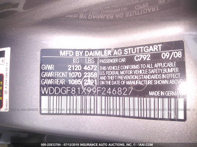 WDDGF81X99F246827 - 2009 MERCEDES-BENZ C 300 4MATIC GRAY photo 9