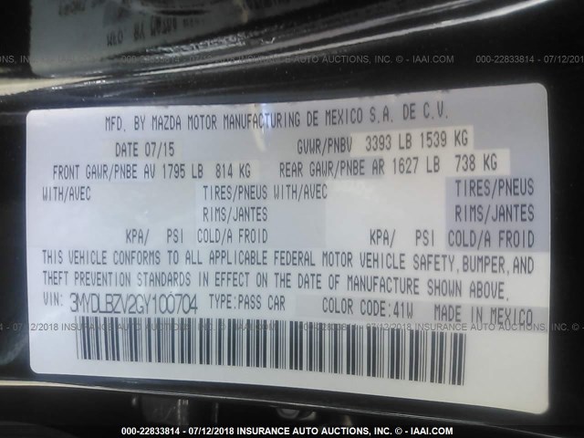 3MYDLBZV2GY100704 - 2016 TOYOTA SCION IA BLACK photo 9