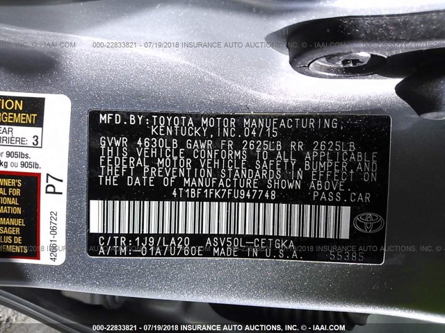4T1BF1FK7FU947748 - 2015 TOYOTA CAMRY LE/XLE/SE/XSE SILVER photo 9