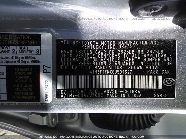 4T1BF1FKXGU501627 - 2016 TOYOTA CAMRY LE/XLE/SE/XSE SILVER photo 9