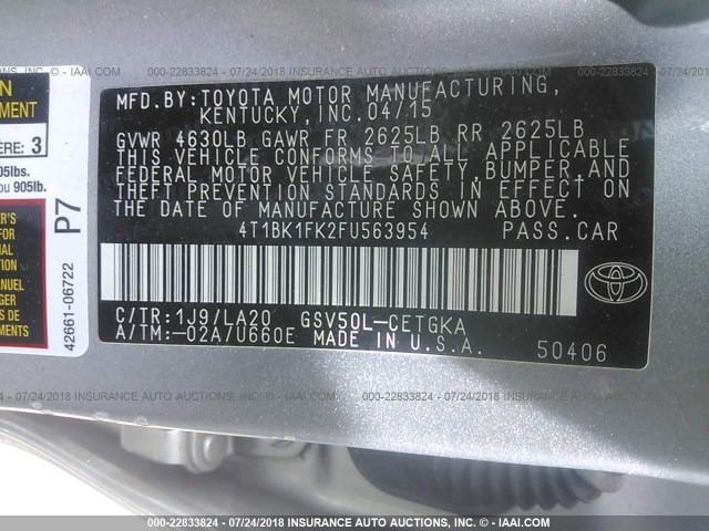 4T1BK1FK2FU563954 - 2015 TOYOTA CAMRY XSE/XLE Gümüş foto 9