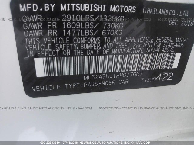 ML32A3HJ1HH017667 - 2017 MITSUBISHI MIRAGE ES WHITE photo 9